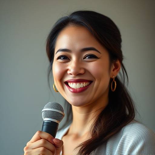 Foto da cliente Ana Silva, sorrindo e segurando um microfone.