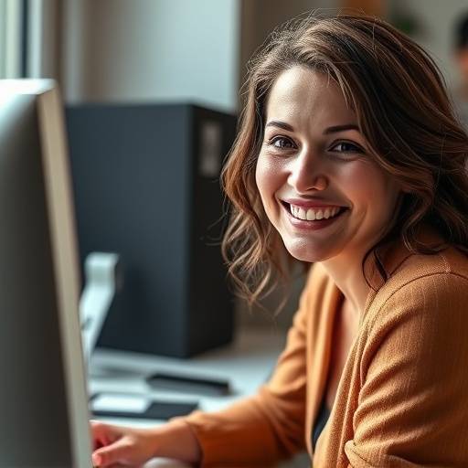 Foto da cliente Carla Mendes, sorrindo em frente a um computador.