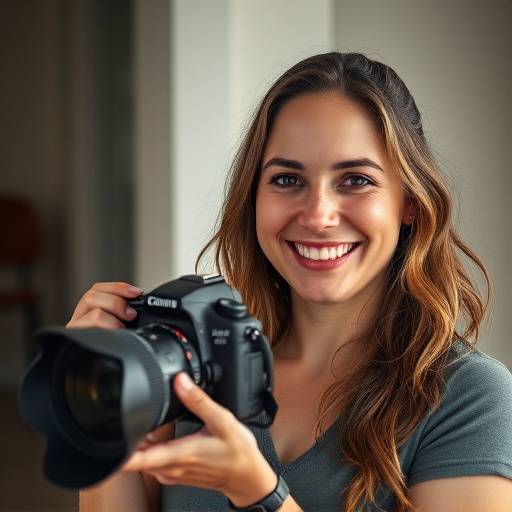 Foto da cliente Gabriela Fernandes, sorrindo e segurando uma c√¢mera profissional.