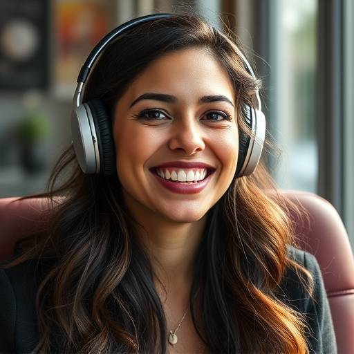 Foto de Carla Pereira, sorrindo e usando fones de ouvido.