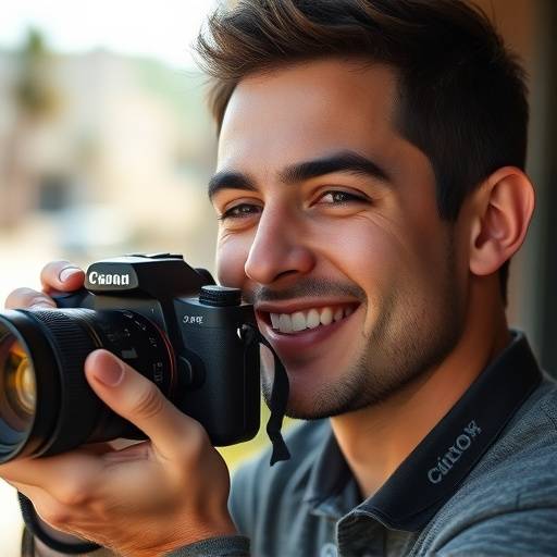 Foto de Lucas Santos, sorrindo e segurando uma c√¢mera.