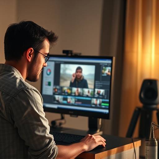 Foto do cliente Lucas Pereira, editando um v√≠deo em um computador.