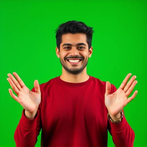 Foto do cliente Thiago Martins, sorrindo e gesticulando em frente a uma tela verde.